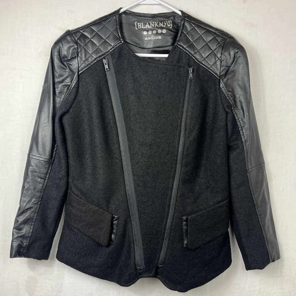 Blank NYC Vegan Leather Wool Moto Jacket Womens‎ M Quilted Minimalist Capsule